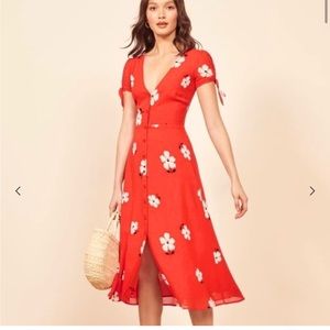 Reformation Rosalinda Dress - Red White Floral Print Button Front - 2 / XS